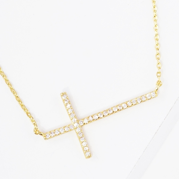 Rhinestone Gold Sideways Cross Pendant Necklace Chain Statement Jewelry - Picture 1 of 5